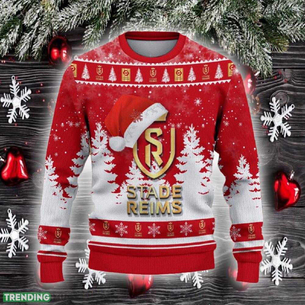 Stade de Reims Ugly Christmas Sweater Santa Hat Logo Trending Christmas Gift For Fans - Stade de Reims Ugly Christmas Sweater_2 Stade de Reims Ugly Christmas Sweater Santa Hat Logo Trending Christmas Gift For Fans - Stade de Reims Ugly Christmas Sweater_2