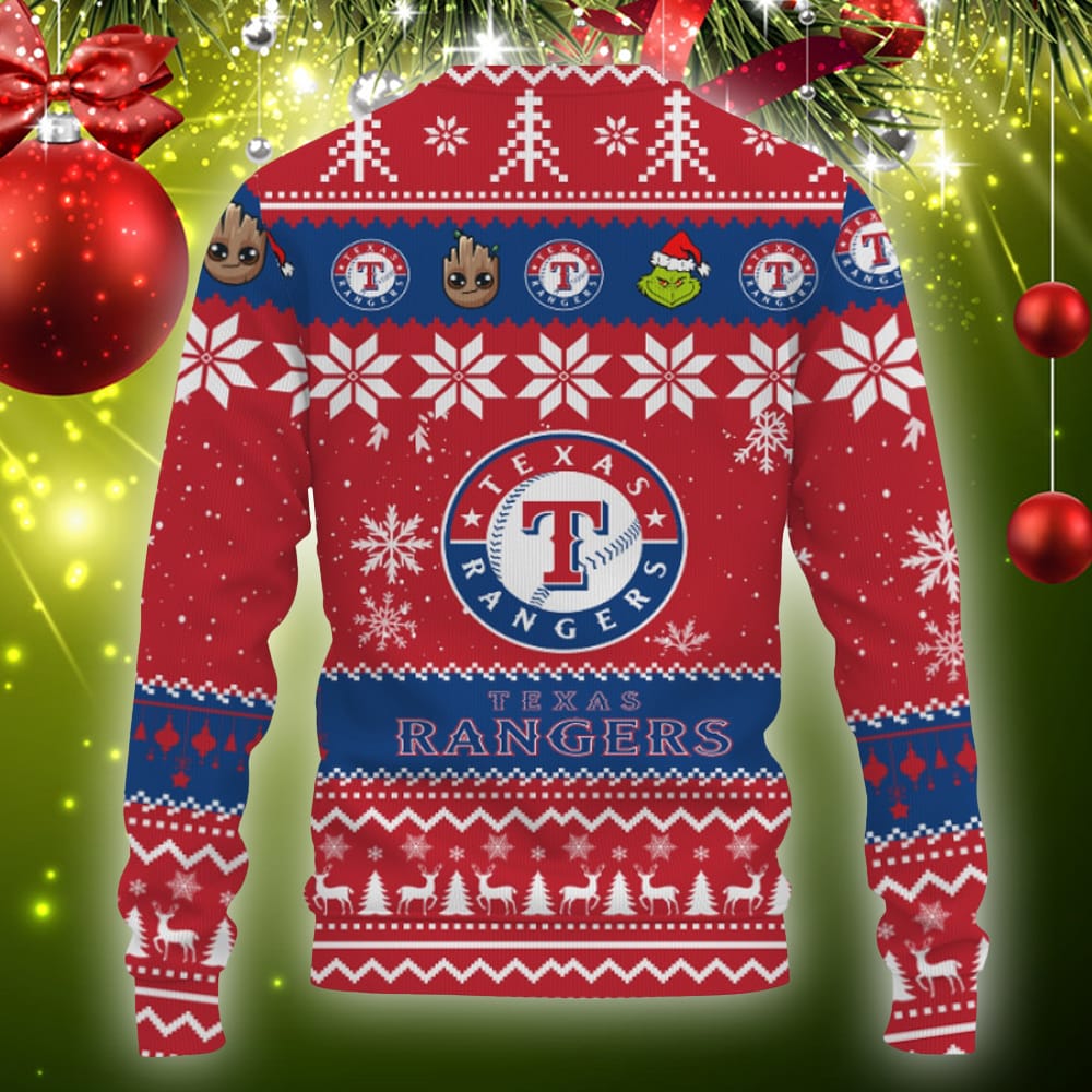 Texas Rangers Baby Groot And Grinch Best Friends Football American Knitted Christmas 3D Sweater 3D Sweater Texas Rangers Baby Groot And Grinch Best Friends Football American Knitted Christmas 3D Sweater 3D Sweater