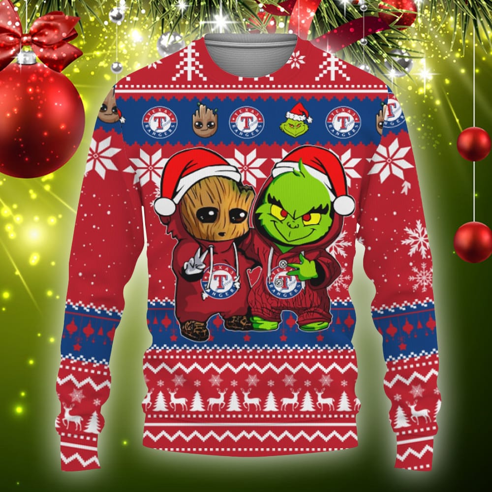 Texas Rangers Baby Groot And Grinch Best Friends Football American Knitted Christmas 3D Sweater - 061123-094022 Texas Rangers Baby Groot And Grinch Best Friends Football American Knitted Christmas 3D Sweater - 061123-094022
