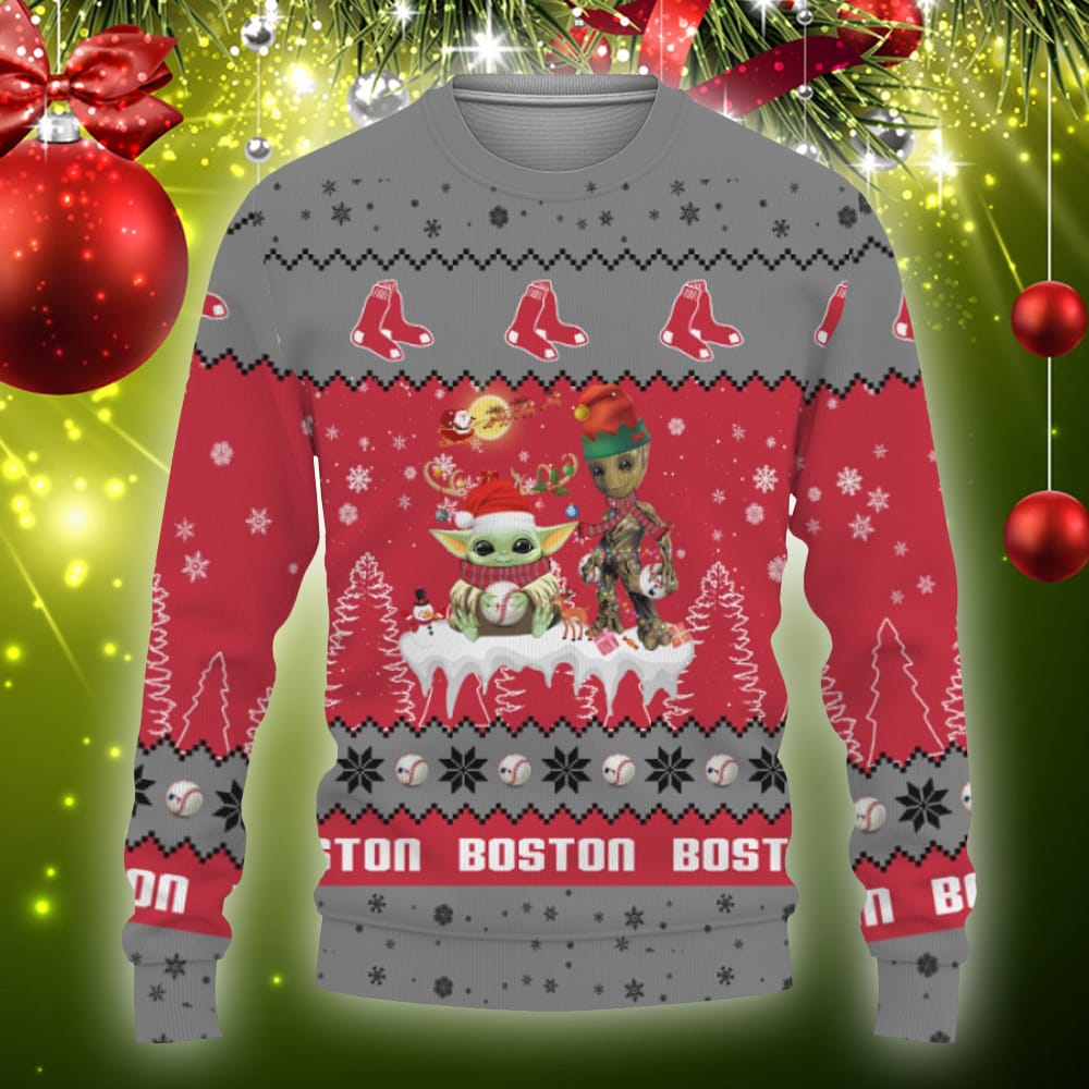 Tis The Season Christmas 2023 Baby Yoda Groot Cute Gift Football American Boston Red Sox Ugly Christmas Sweater AOP - 111123-075512
