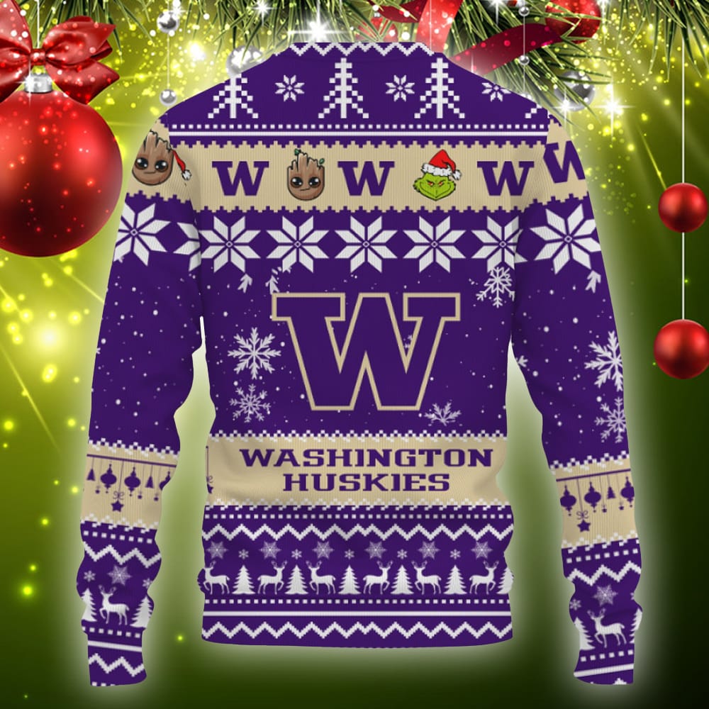 Washington Huskies Baby Groot And Grinch Best Friends Football American Ugly Christmas Sweater 3D Sweater Washington Huskies Baby Groot And Grinch Best Friends Football American Ugly Christmas Sweater 3D Sweater