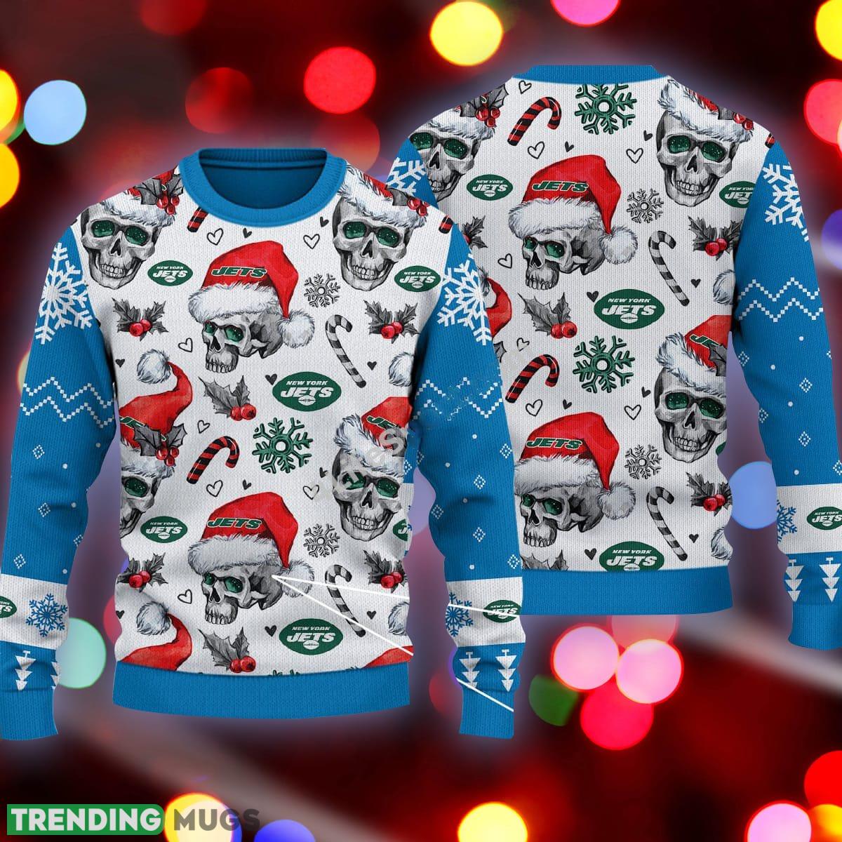 Xmas New York Jets Skull Candy Cane Blue Knitted 3D Sweater - Xmas New York Jets Skull Pattern Candy Cane Blue Knitted 3D Sweater Xmas New York Jets Skull Candy Cane Blue Knitted 3D Sweater - Xmas New York Jets Skull Pattern Candy Cane Blue Knitted 3D Sweater
