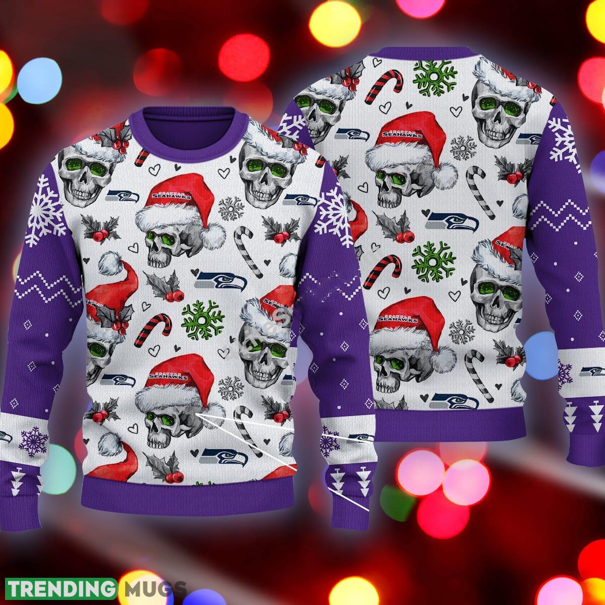 Xmas Seattle Seahawks Skull Candy Cane Purple Ugly Sweater - Xmas Seattle Seahawks Skull Pattern Candy Cane Purple Ugly Sweater