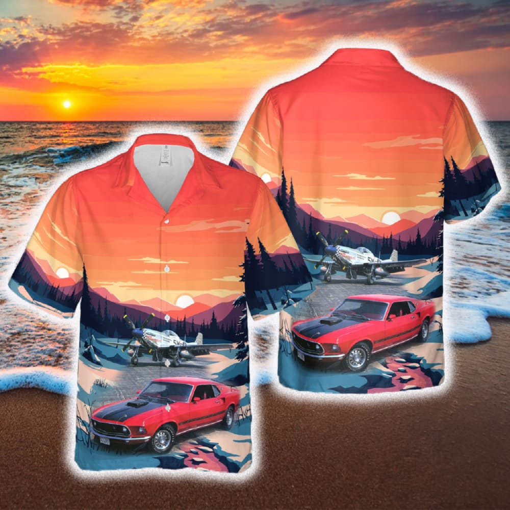 1969 Ford Mustang Mach 1 SportsRoof 428 Cobra Jet with P51 Mustang Fighter Red Hawaiian Shirt For Men Women Gift Aloha Beach Holiday - 131223-090431