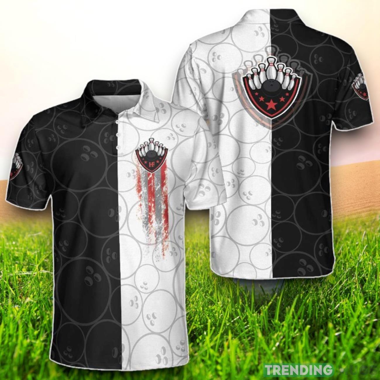 Black And White Bowling Balls And Pins Polo Shirt Product Photo 1 Black And White Bowling Balls And Pins Polo Shirt Product Photo 1