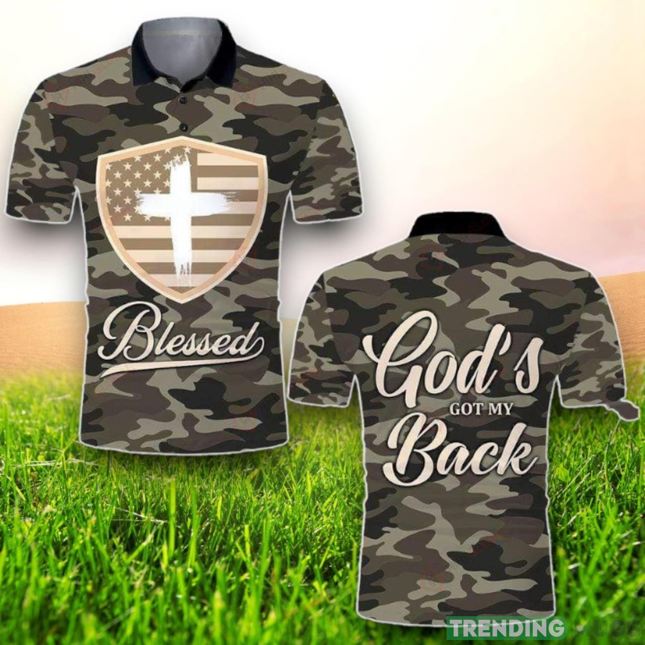 Blessed God’s Got My Back American Flag Shield And Cross Polo Shirt Product Photo 1 Blessed God’s Got My Back American Flag Shield And Cross Polo Shirt Product Photo 1