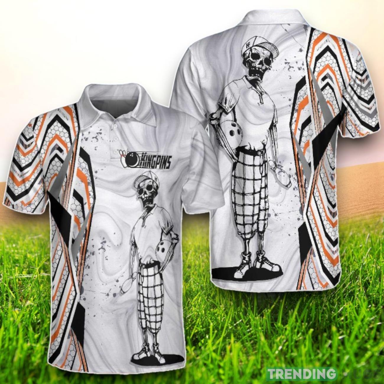 Bowling King Pins Skeleton Holding Bowling Ball And Pin Polo Shirt Product Photo 1 Bowling King Pins Skeleton Holding Bowling Ball And Pin Polo Shirt Product Photo 1