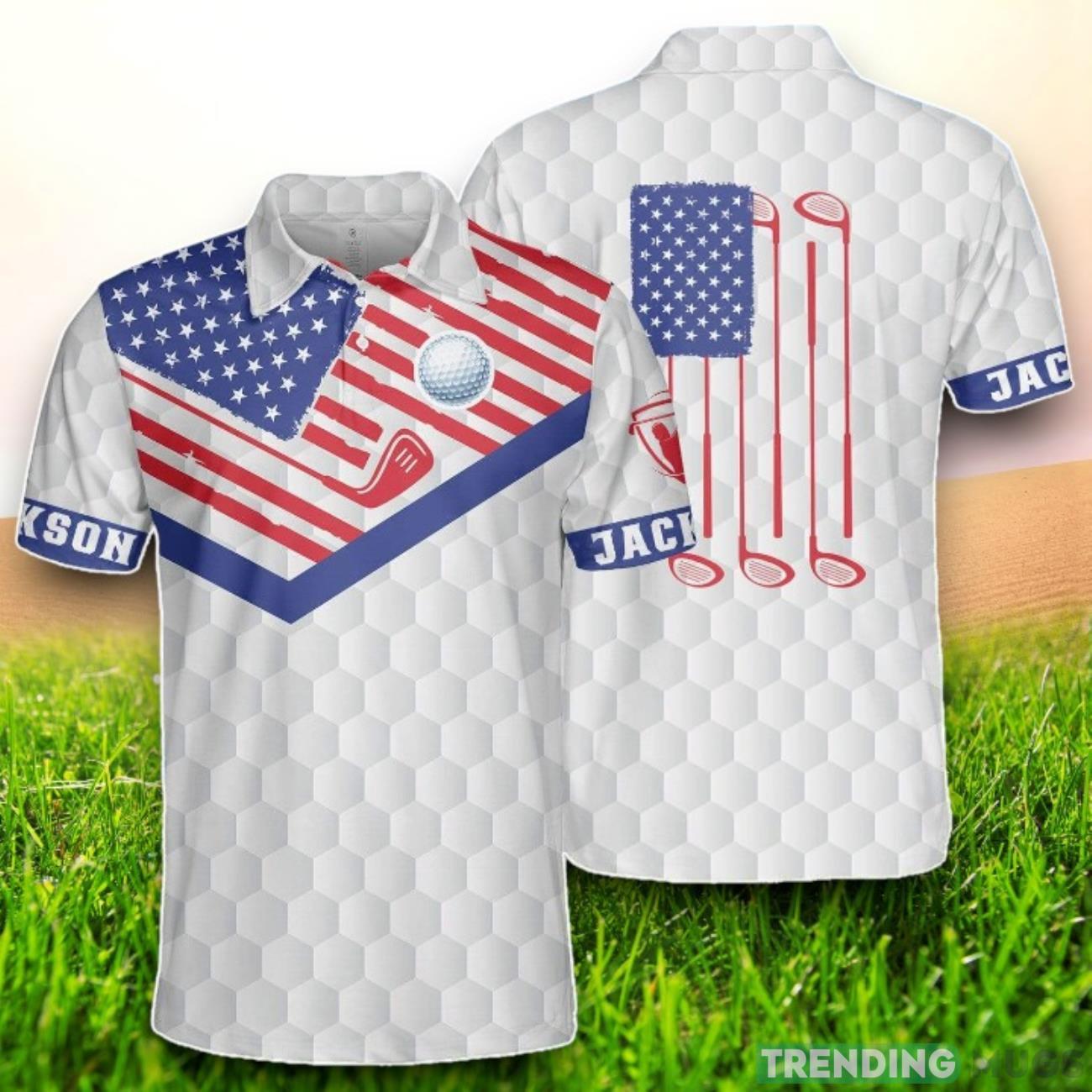 Custom Name Golf US Flag Golf Ball And Sticks Polo Shirt Product Photo 1 Custom Name Golf US Flag Golf Ball And Sticks Polo Shirt Product Photo 1