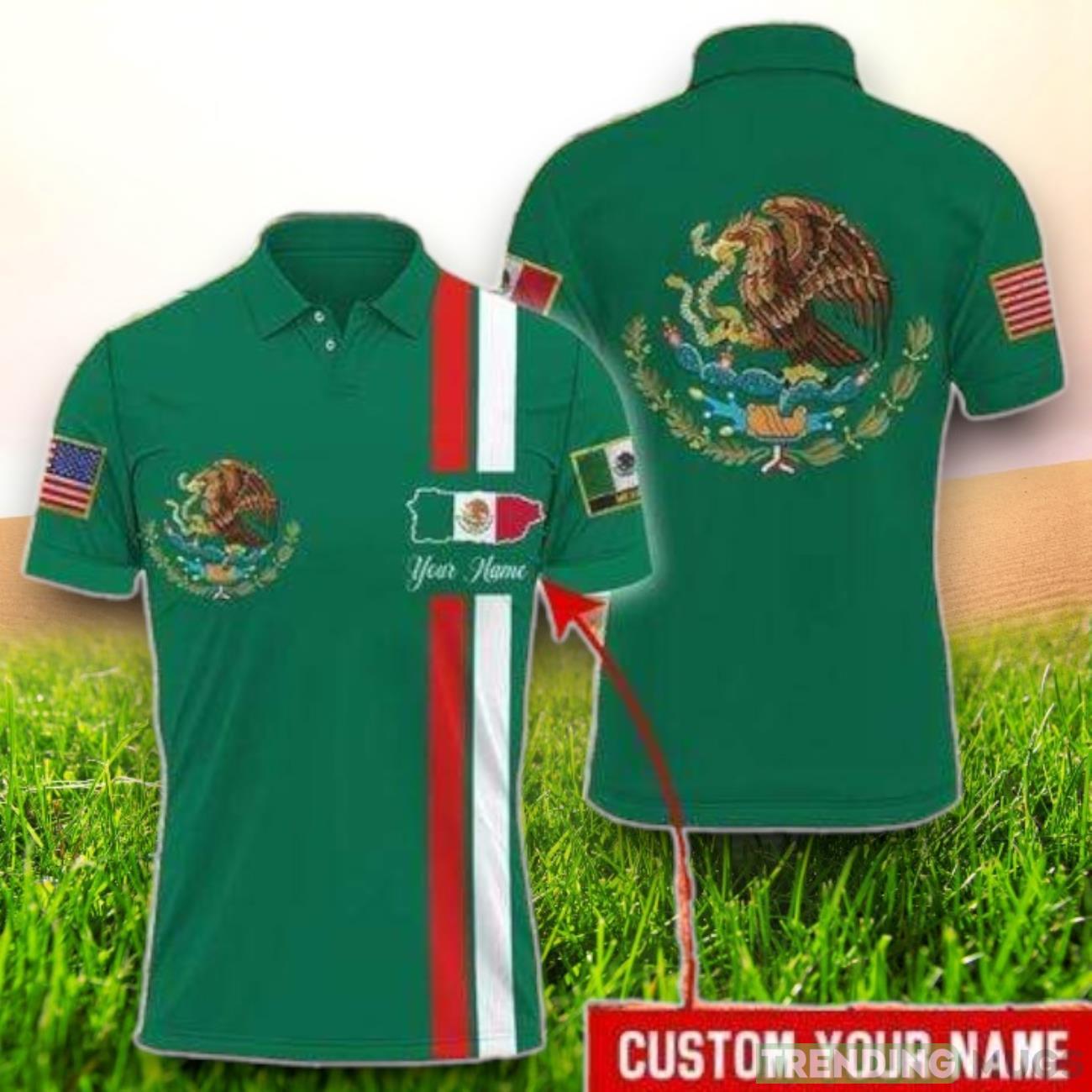 Custom Name Mexican Flag Logo And Map Green Polo Shirt Product Photo 1 Custom Name Mexican Flag Logo And Map Green Polo Shirt Product Photo 1