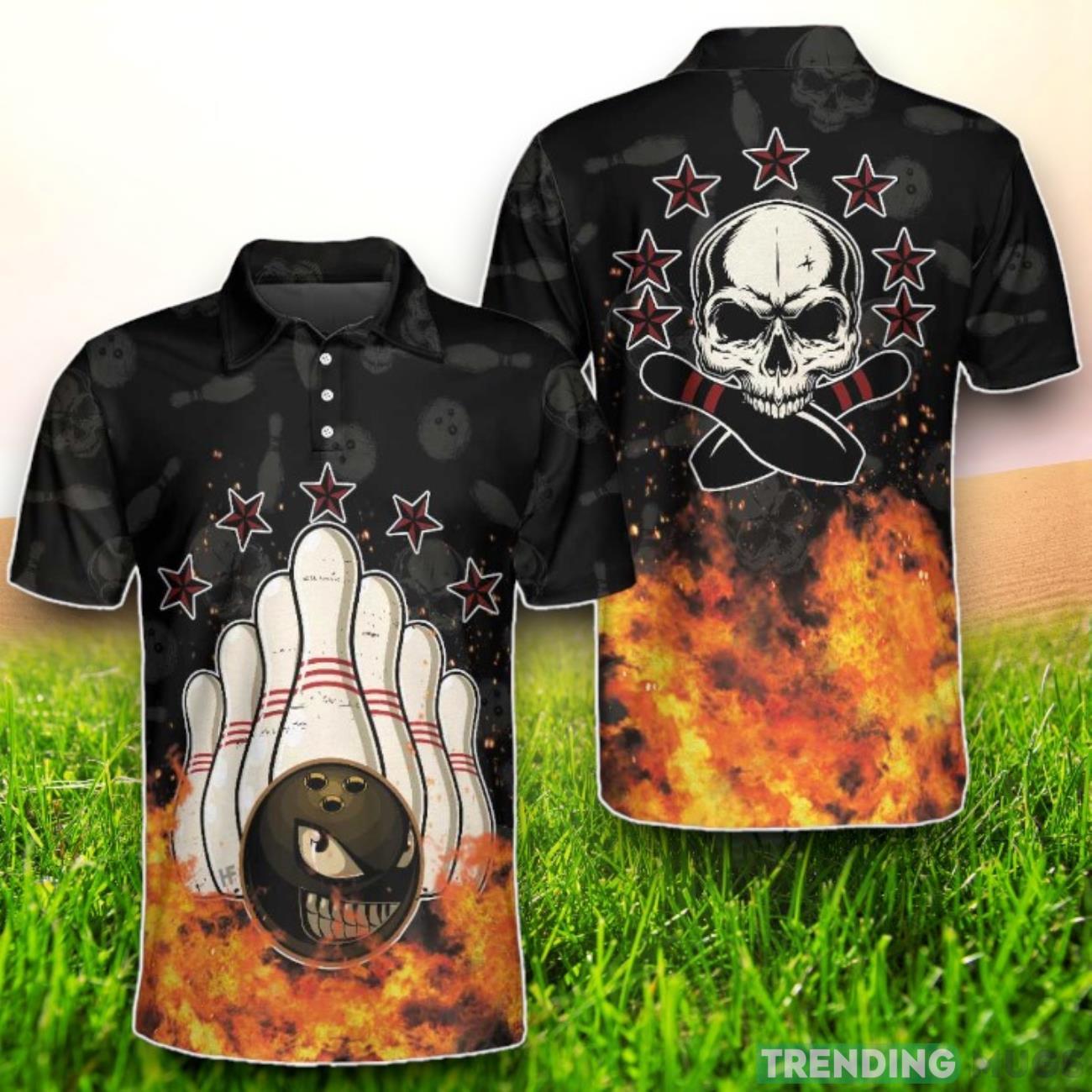 Flaming Bowling Skull With Pins And Bowling Ball Fire Polo Shirt Product Photo 1 Flaming Bowling Skull With Pins And Bowling Ball Fire Polo Shirt Product Photo 1