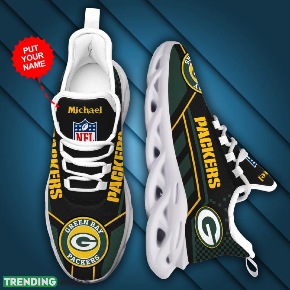 Green Bay Packers Logo Custom Name Pattern 3D Max Soul Sneaker Shoes In Green And Black Max Soul Green Bay Packers Logo Custom Name Pattern 3D Max Soul Sneaker Shoes In Green And Black Max Soul