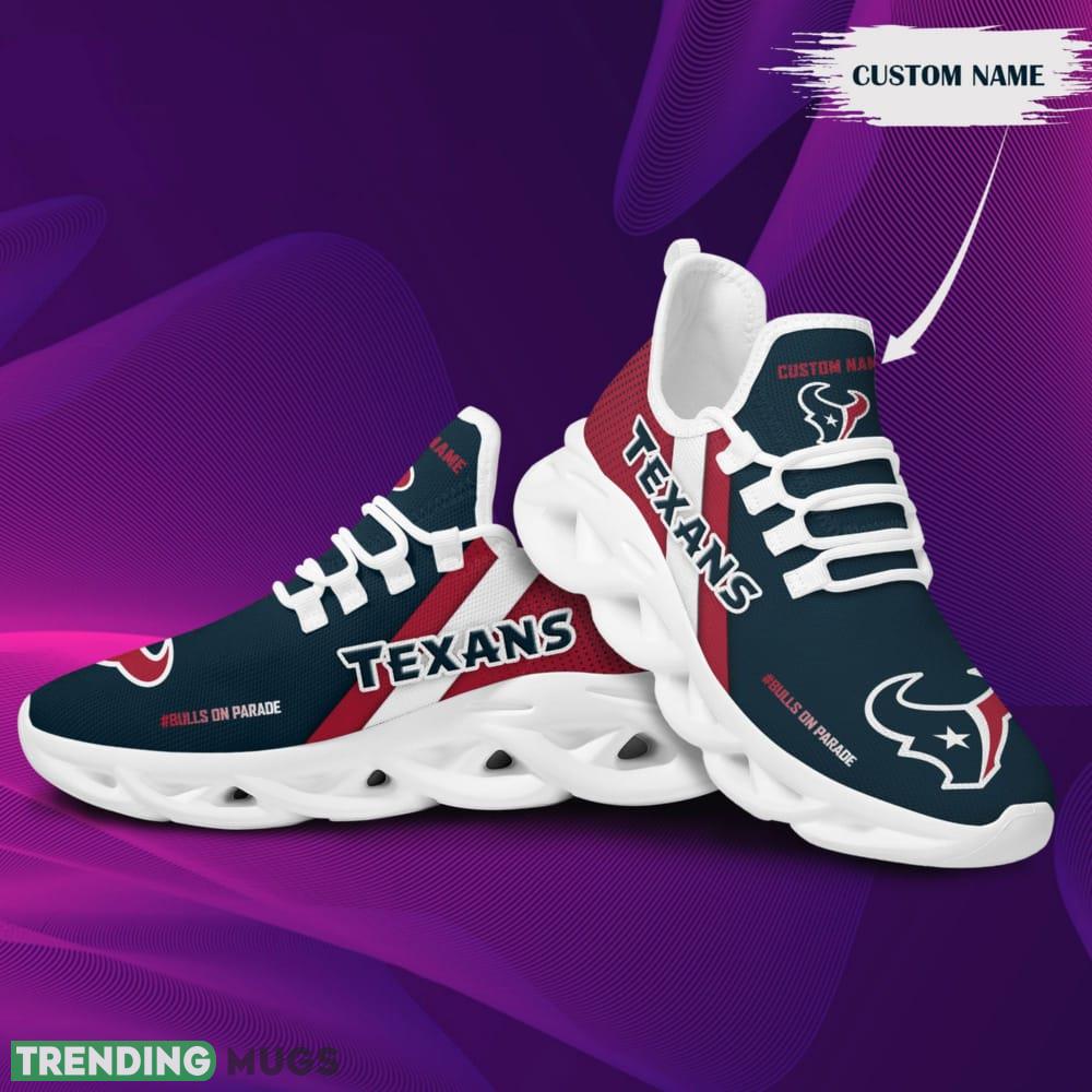 Houston Texans Logo Custom Name Pattern In Blue And Red 3D Max Soul Sneaker Shoes Max Soul Houston Texans Logo Custom Name Pattern In Blue And Red 3D Max Soul Sneaker Shoes Max Soul