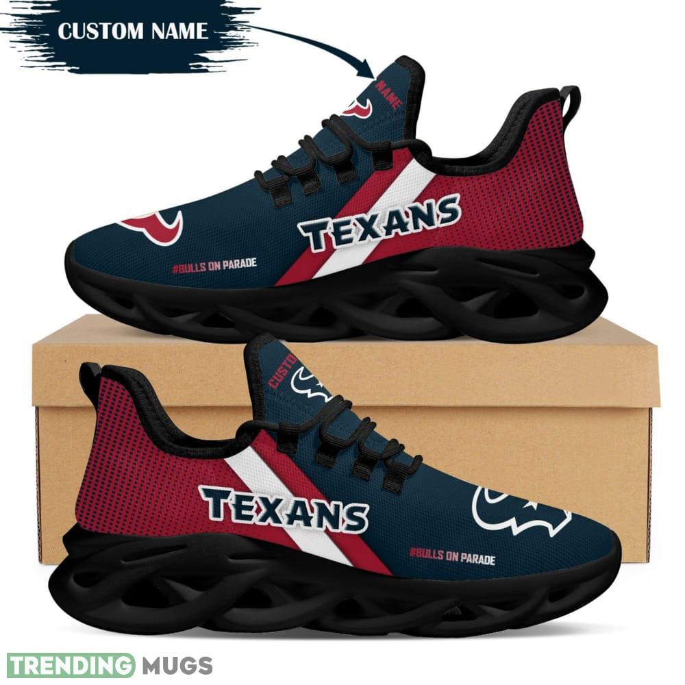 Houston Texans Logo Custom Name Pattern In Blue And Red 3D Max Soul Sneaker Shoes Max Soul Houston Texans Logo Custom Name Pattern In Blue And Red 3D Max Soul Sneaker Shoes Max Soul