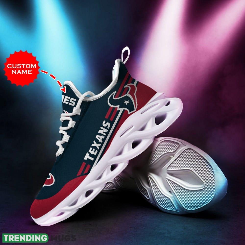 Houston Texans Logo In Blue And Red Custom Name 3D Max Soul Sneaker Shoes Max Soul Houston Texans Logo In Blue And Red Custom Name 3D Max Soul Sneaker Shoes Max Soul