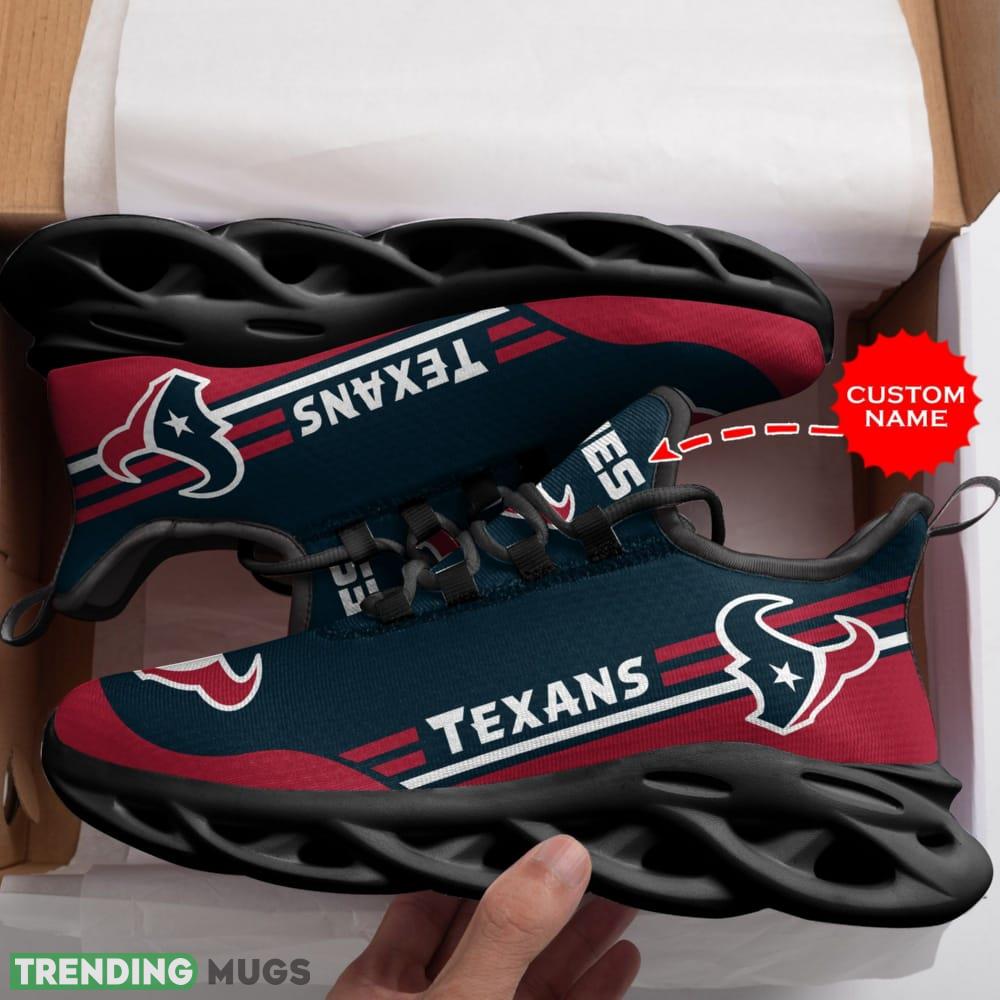Houston Texans Logo In Blue And Red Custom Name 3D Max Soul Sneaker Shoes Max Soul Houston Texans Logo In Blue And Red Custom Name 3D Max Soul Sneaker Shoes Max Soul
