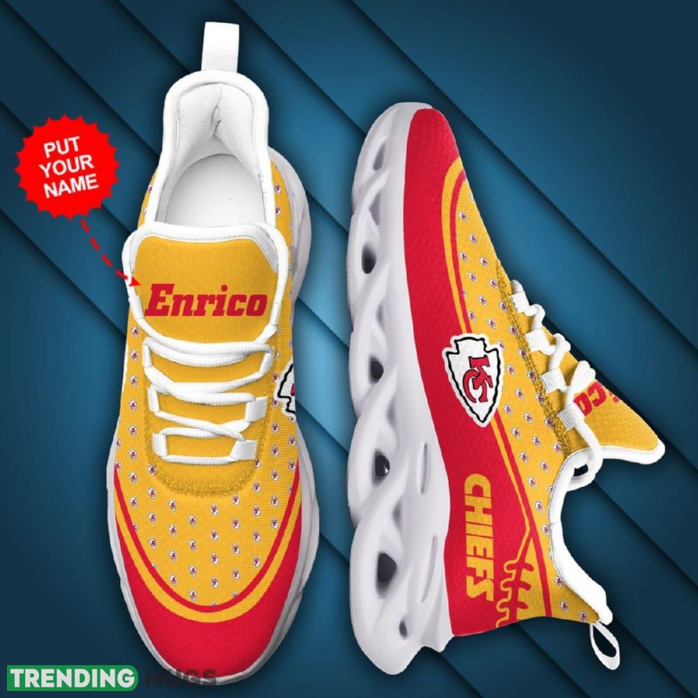 Kansas City Chiefs Small Logo Pattern Custom Name 3D Max Soul Sneaker Shoes In Red Yellow Max Soul Kansas City Chiefs Small Logo Pattern Custom Name 3D Max Soul Sneaker Shoes In Red Yellow Max Soul