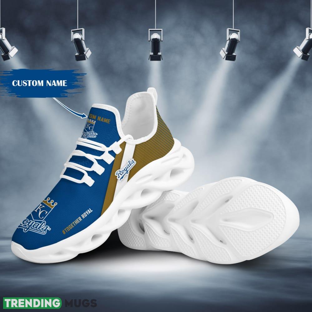 Kansas City Royals Logo Custom Name Pattern In Blue And Brown 3D Max Soul Sneaker Shoes Max Soul Kansas City Royals Logo Custom Name Pattern In Blue And Brown 3D Max Soul Sneaker Shoes Max Soul