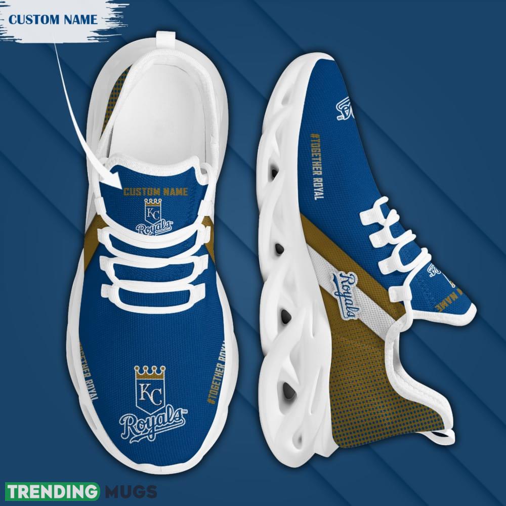 Kansas City Royals Logo Custom Name Pattern In Blue And Brown 3D Max Soul Sneaker Shoes Max Soul Kansas City Royals Logo Custom Name Pattern In Blue And Brown 3D Max Soul Sneaker Shoes Max Soul