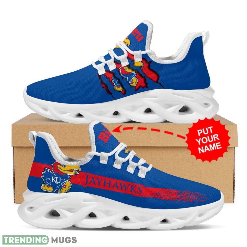 Kansas Jayhawks Logo Bird Pattern Custom Name 3D Max Soul Sneaker Shoes In Blue Max Soul Kansas Jayhawks Logo Bird Pattern Custom Name 3D Max Soul Sneaker Shoes In Blue Max Soul
