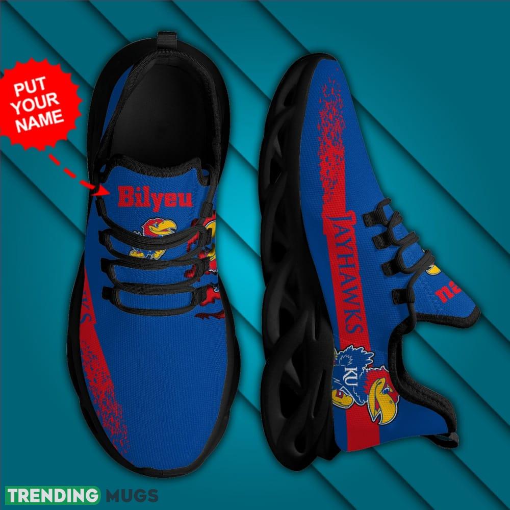 Kansas Jayhawks Logo Bird Pattern Custom Name 3D Max Soul Sneaker Shoes In Blue Max Soul Kansas Jayhawks Logo Bird Pattern Custom Name 3D Max Soul Sneaker Shoes In Blue Max Soul