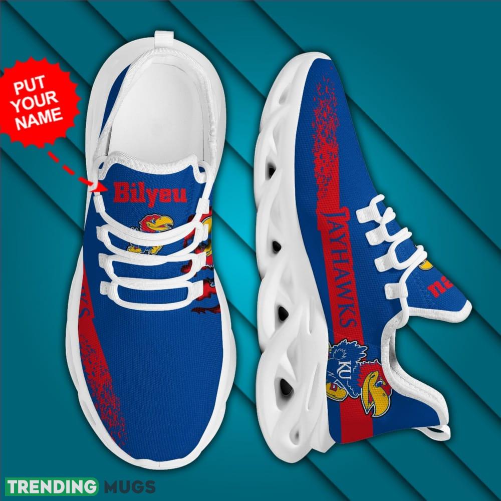 Kansas Jayhawks Logo Bird Pattern Custom Name 3D Max Soul Sneaker Shoes In Blue Max Soul Kansas Jayhawks Logo Bird Pattern Custom Name 3D Max Soul Sneaker Shoes In Blue Max Soul