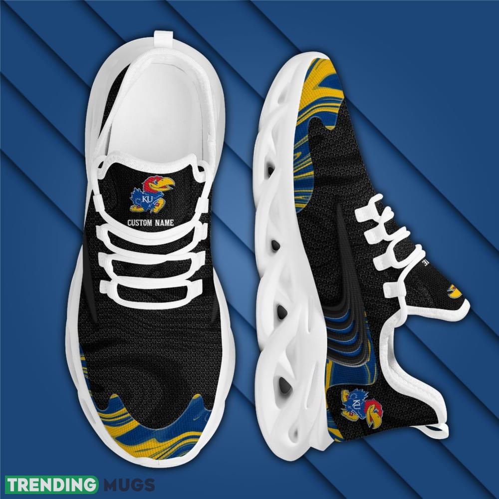 Kansas Jayhawks Logo Custom Name Pattern 3D Max Soul Sneaker Shoes In Black Max Soul Kansas Jayhawks Logo Custom Name Pattern 3D Max Soul Sneaker Shoes In Black Max Soul
