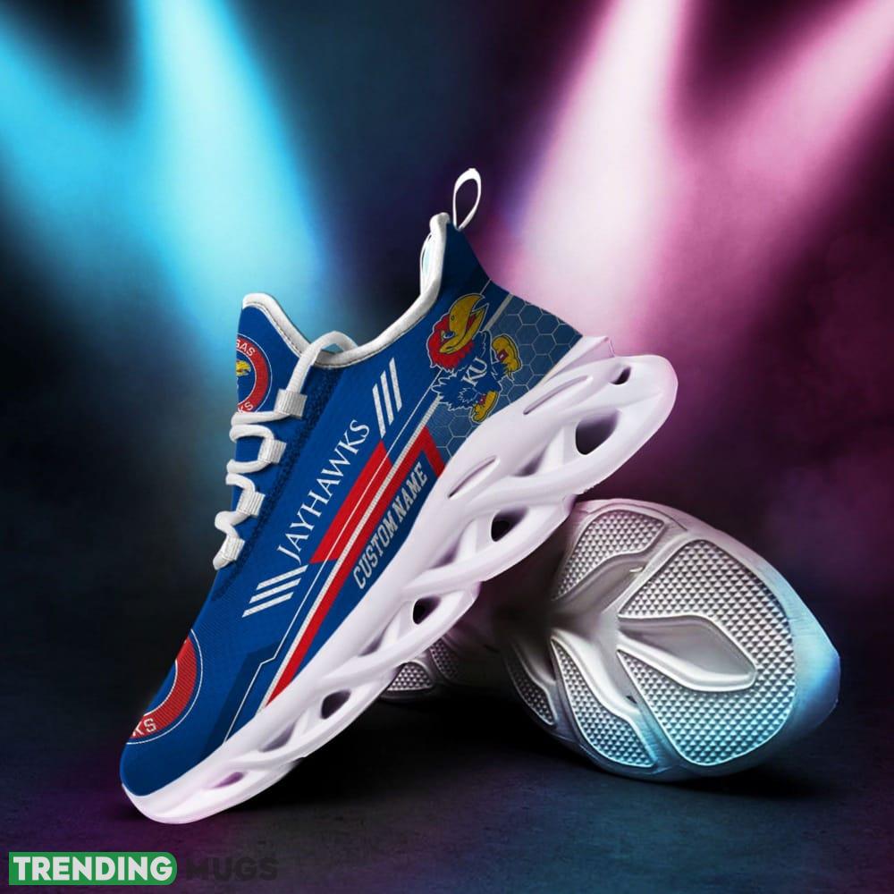 Kansas Jayhawks Logo Custom Name Pattern 3D Max Soul Sneaker Shoes In Blue Max Soul Kansas Jayhawks Logo Custom Name Pattern 3D Max Soul Sneaker Shoes In Blue Max Soul