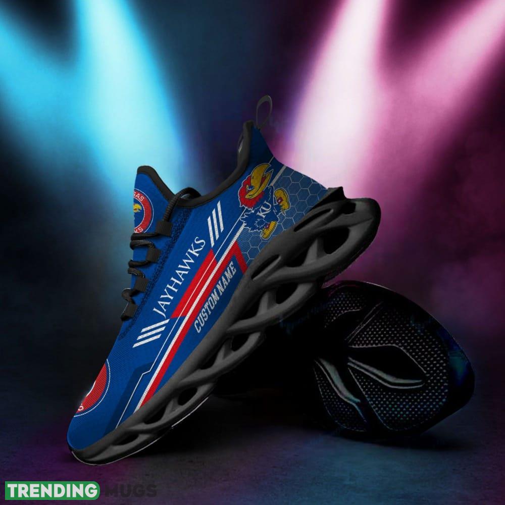 Kansas Jayhawks Logo Custom Name Pattern 3D Max Soul Sneaker Shoes In Blue Max Soul Kansas Jayhawks Logo Custom Name Pattern 3D Max Soul Sneaker Shoes In Blue Max Soul