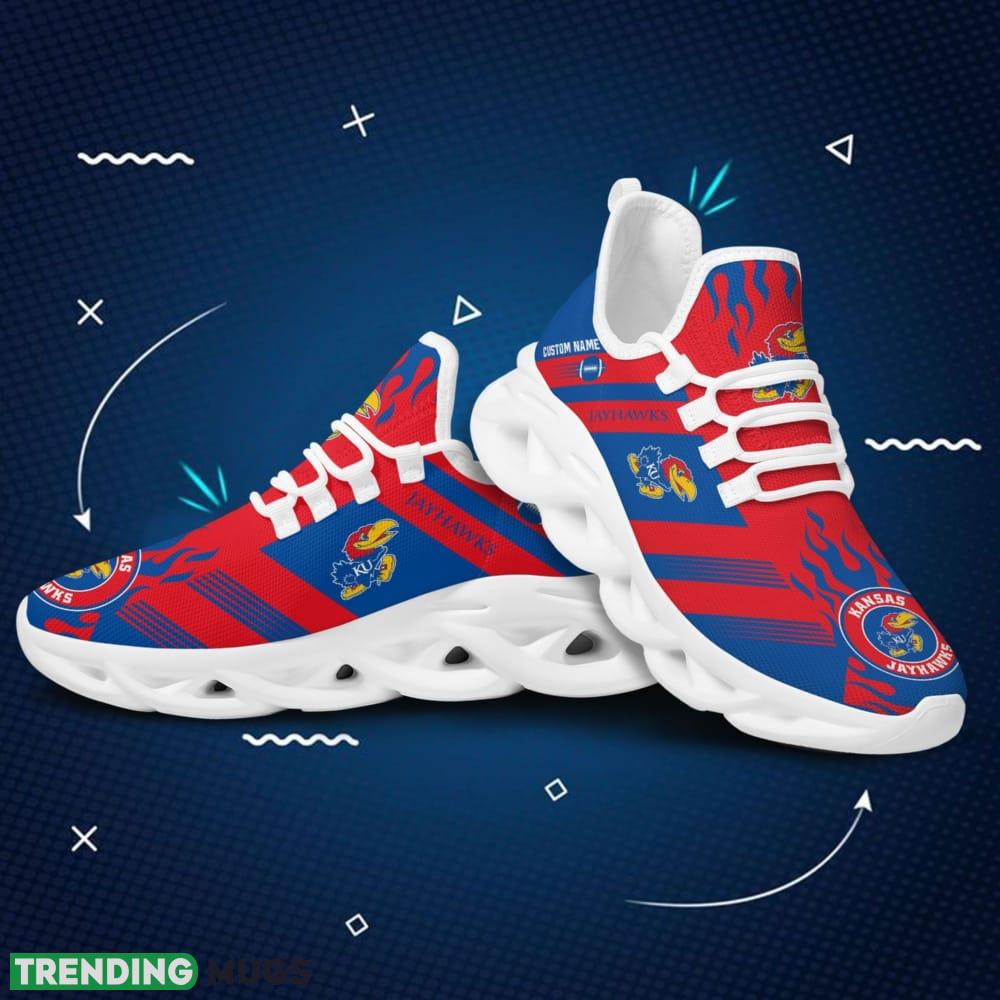 Kansas Jayhawks Logo Custom Name Pattern In Red And Blue 3D Max Soul Sneaker Shoes Max Soul Kansas Jayhawks Logo Custom Name Pattern In Red And Blue 3D Max Soul Sneaker Shoes Max Soul