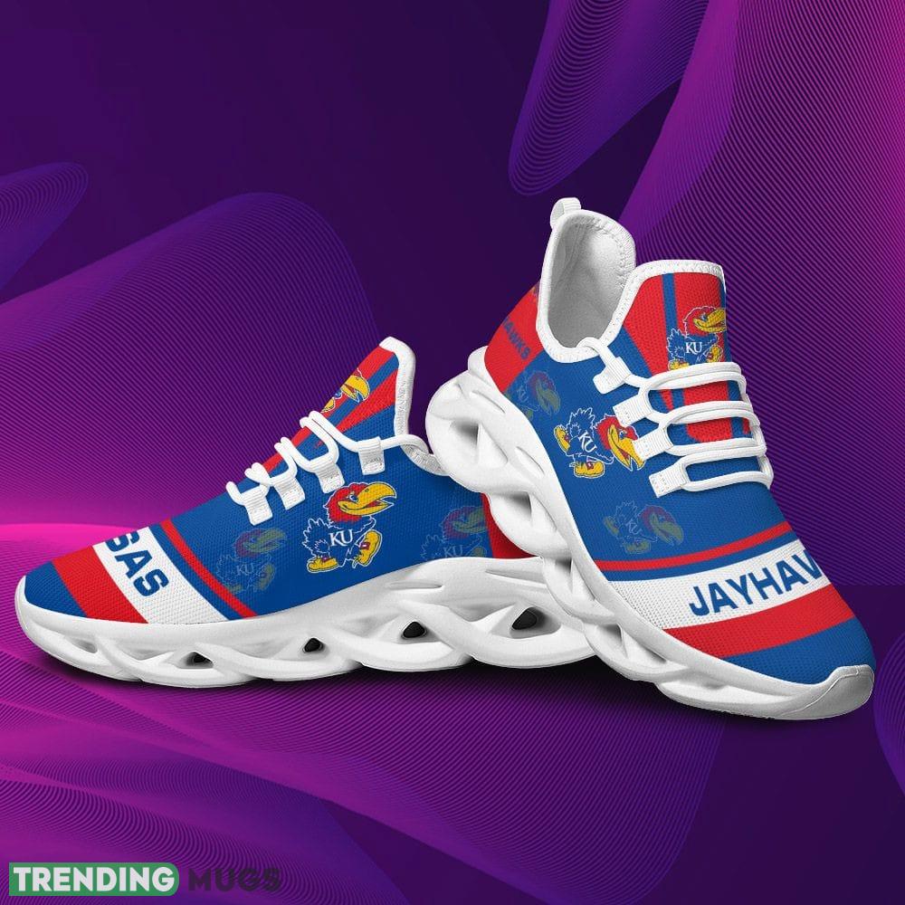 Kansas Jayhawks Logo In Red And Blue Custom Name 3D Max Soul Sneaker Shoes Max Soul Kansas Jayhawks Logo In Red And Blue Custom Name 3D Max Soul Sneaker Shoes Max Soul