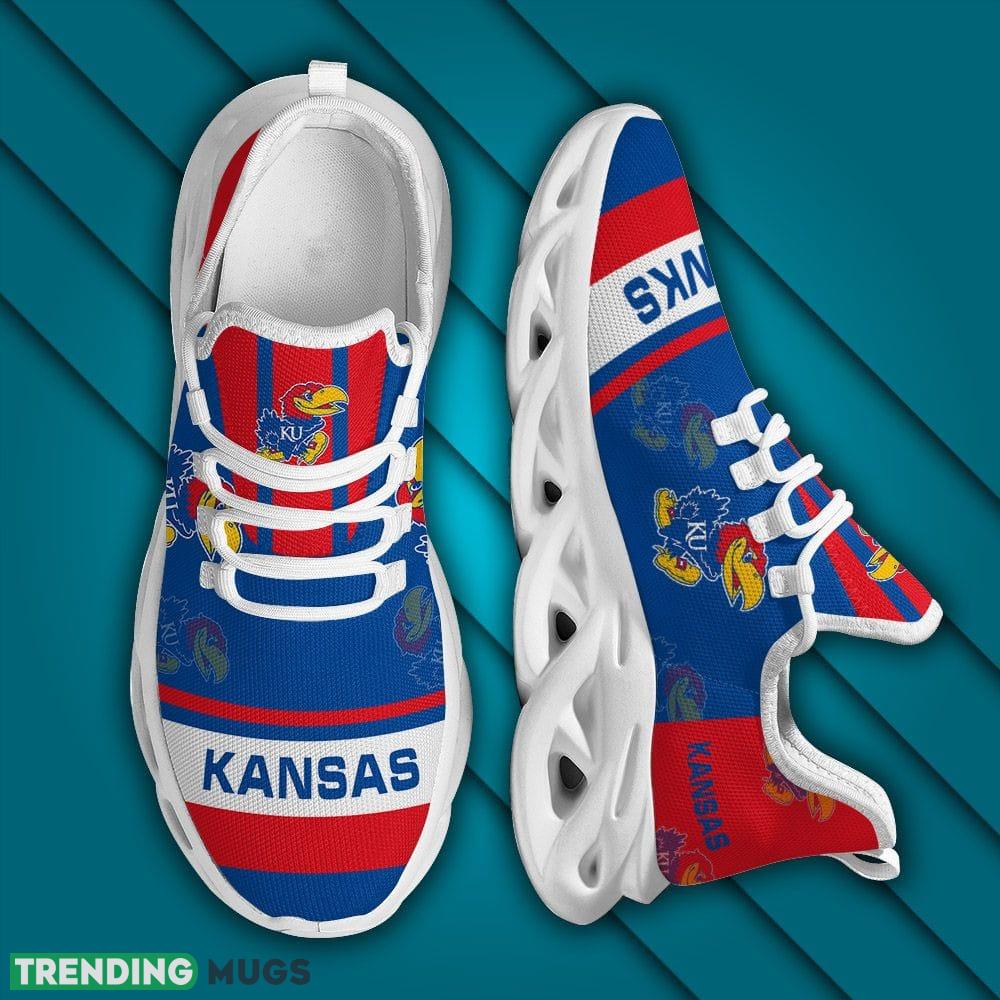 Kansas Jayhawks Logo In Red And Blue Custom Name 3D Max Soul Sneaker Shoes Max Soul Kansas Jayhawks Logo In Red And Blue Custom Name 3D Max Soul Sneaker Shoes Max Soul