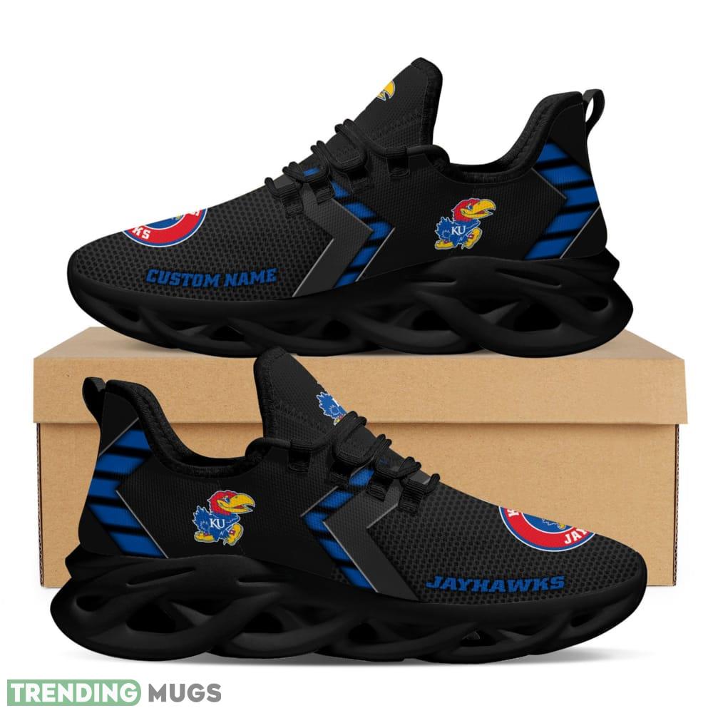 Kansas Jayhawks Logo Pattern Custom Name 3D Max Soul Sneaker Shoes In Black Max Soul Kansas Jayhawks Logo Pattern Custom Name 3D Max Soul Sneaker Shoes In Black Max Soul