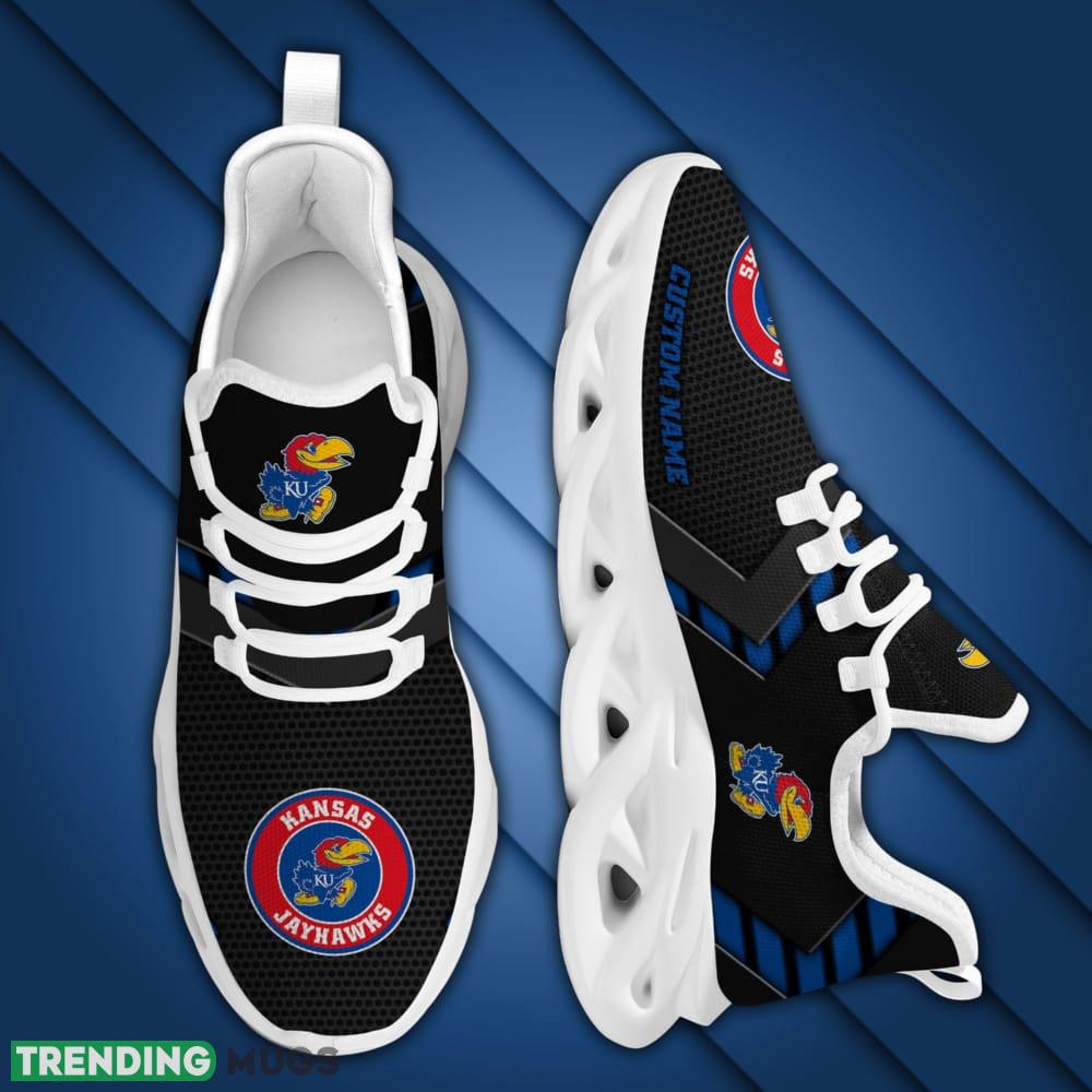 Kansas Jayhawks Logo Pattern Custom Name 3D Max Soul Sneaker Shoes In Black Max Soul Kansas Jayhawks Logo Pattern Custom Name 3D Max Soul Sneaker Shoes In Black Max Soul