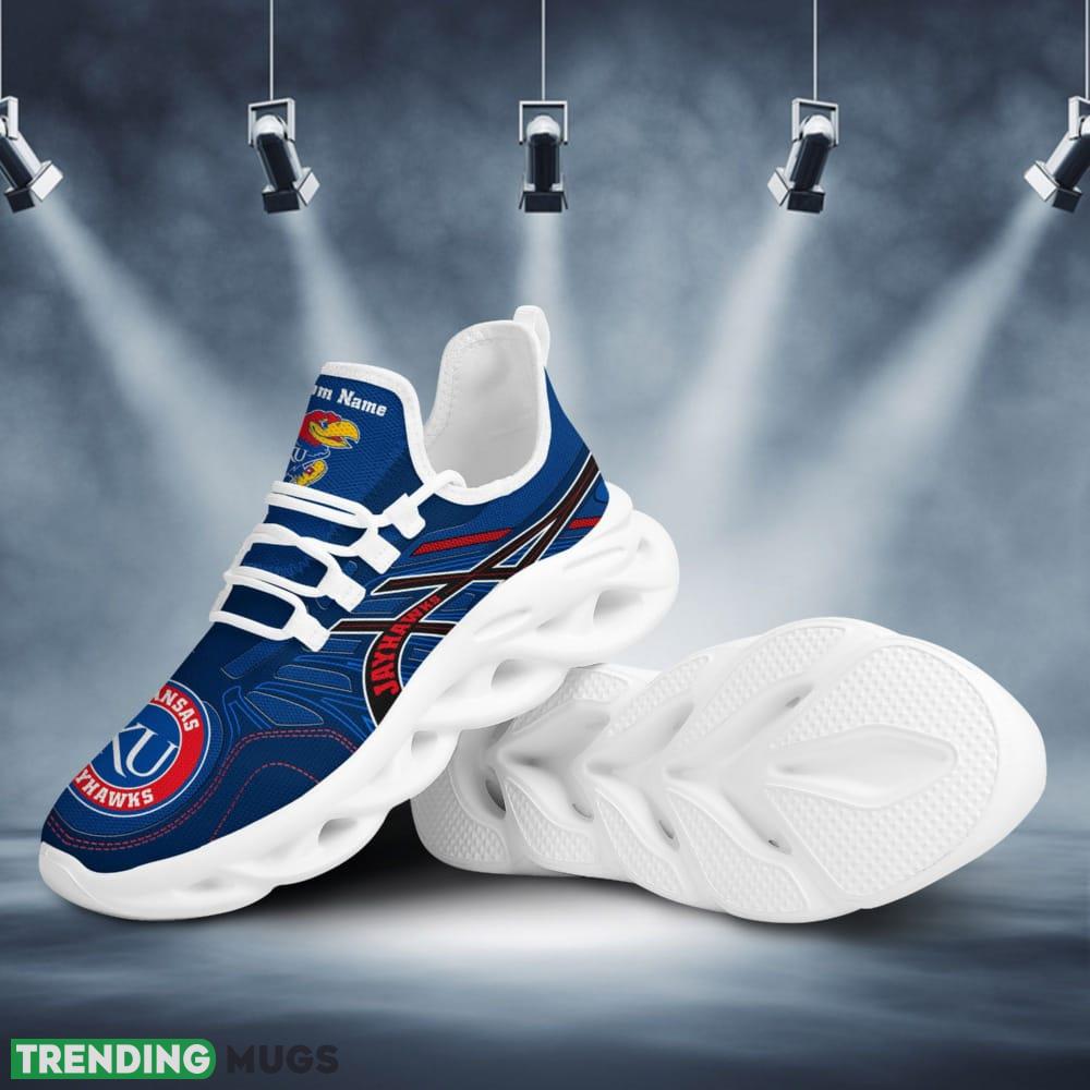 Kansas Jayhawks Logo Pattern Custom Name 3D Max Soul Sneaker Shoes In Blue Max Soul Kansas Jayhawks Logo Pattern Custom Name 3D Max Soul Sneaker Shoes In Blue Max Soul