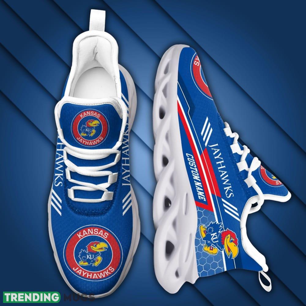 Kansas Jayhawks Logo Pattern Custom Name 3D Max Soul Sneaker Shoes In Blue Max Soul Kansas Jayhawks Logo Pattern Custom Name 3D Max Soul Sneaker Shoes In Blue Max Soul