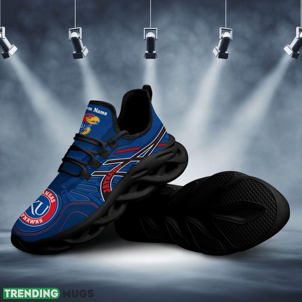 Kansas Jayhawks Logo Pattern Custom Name 3D Max Soul Sneaker Shoes In Blue Max Soul Kansas Jayhawks Logo Pattern Custom Name 3D Max Soul Sneaker Shoes In Blue Max Soul