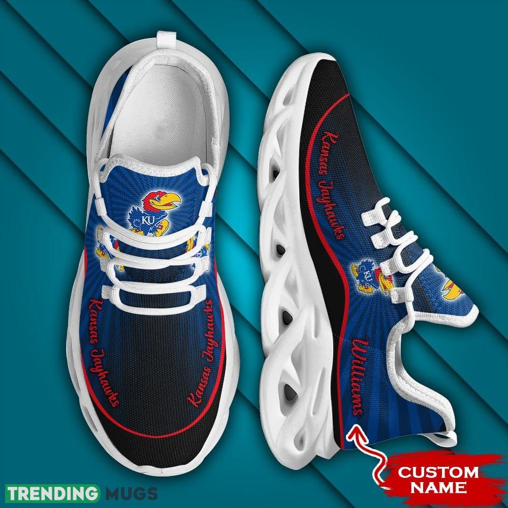 Kansas Jayhawks Logo Pattern Custom Name 3D Max Soul Sneaker Shoes In Blue And Black Max Soul Kansas Jayhawks Logo Pattern Custom Name 3D Max Soul Sneaker Shoes In Blue And Black Max Soul