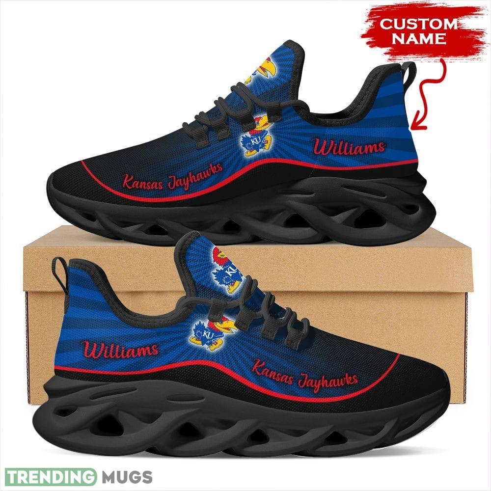 Kansas Jayhawks Logo Pattern Custom Name 3D Max Soul Sneaker Shoes In Blue And Black Max Soul Kansas Jayhawks Logo Pattern Custom Name 3D Max Soul Sneaker Shoes In Blue And Black Max Soul