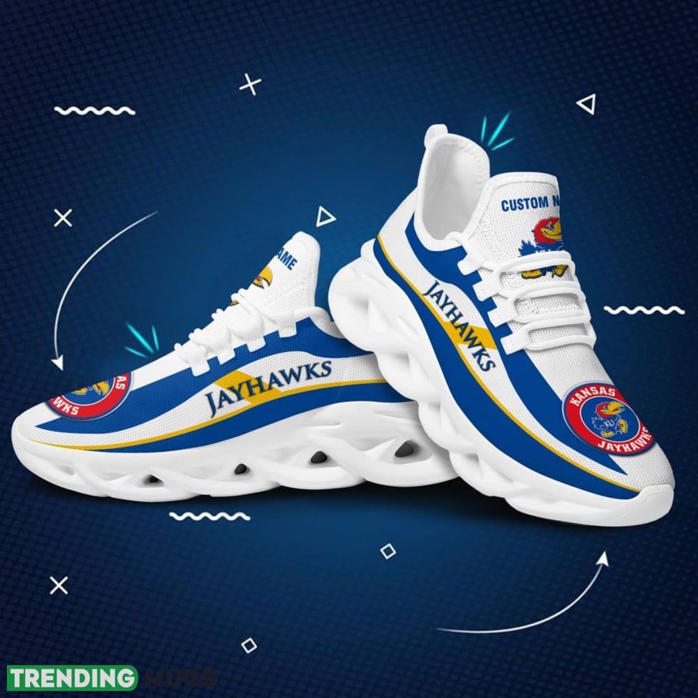 Kansas Jayhawks Logo Pattern Custom Name 3D Max Soul Sneaker Shoes In Blue And White Max Soul Kansas Jayhawks Logo Pattern Custom Name 3D Max Soul Sneaker Shoes In Blue And White Max Soul
