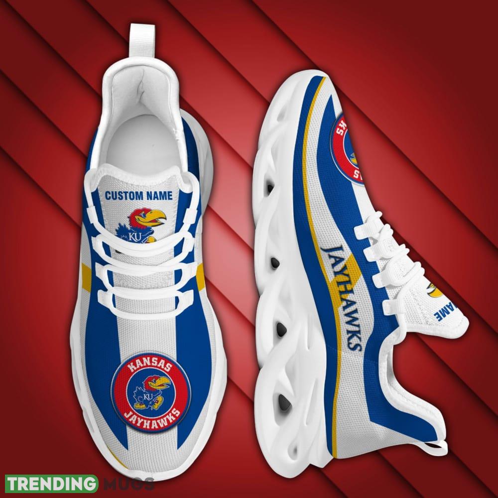 Kansas Jayhawks Logo Pattern Custom Name 3D Max Soul Sneaker Shoes In Blue And White Max Soul Kansas Jayhawks Logo Pattern Custom Name 3D Max Soul Sneaker Shoes In Blue And White Max Soul