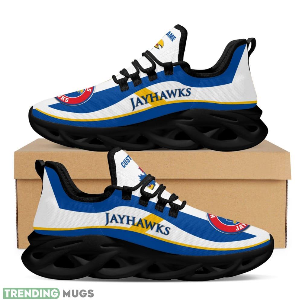 Kansas Jayhawks Logo Pattern Custom Name 3D Max Soul Sneaker Shoes In Blue And White Max Soul Kansas Jayhawks Logo Pattern Custom Name 3D Max Soul Sneaker Shoes In Blue And White Max Soul