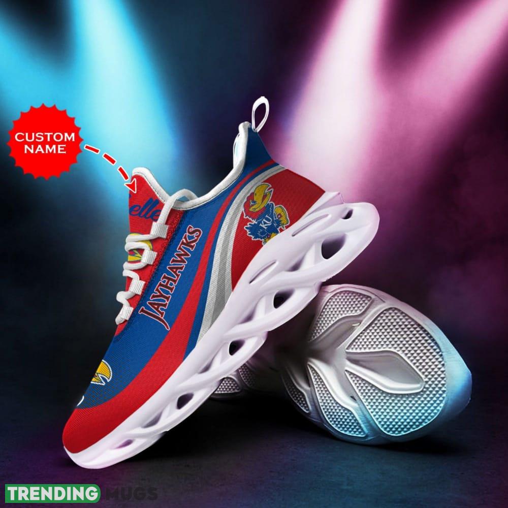 Kansas Jayhawks Logo Pattern Custom Name 3D Max Soul Sneaker Shoes In Red And Blue Max Soul Kansas Jayhawks Logo Pattern Custom Name 3D Max Soul Sneaker Shoes In Red And Blue Max Soul