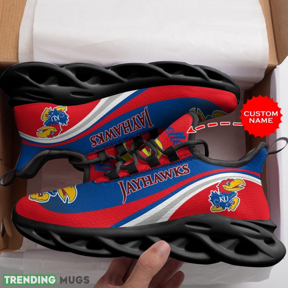 Kansas Jayhawks Logo Pattern Custom Name 3D Max Soul Sneaker Shoes In Red And Blue Max Soul Kansas Jayhawks Logo Pattern Custom Name 3D Max Soul Sneaker Shoes In Red And Blue Max Soul