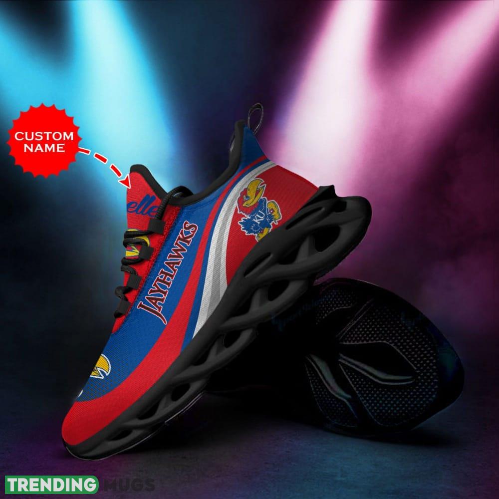 Kansas Jayhawks Logo Pattern Custom Name 3D Max Soul Sneaker Shoes In Red And Blue Max Soul Kansas Jayhawks Logo Pattern Custom Name 3D Max Soul Sneaker Shoes In Red And Blue Max Soul