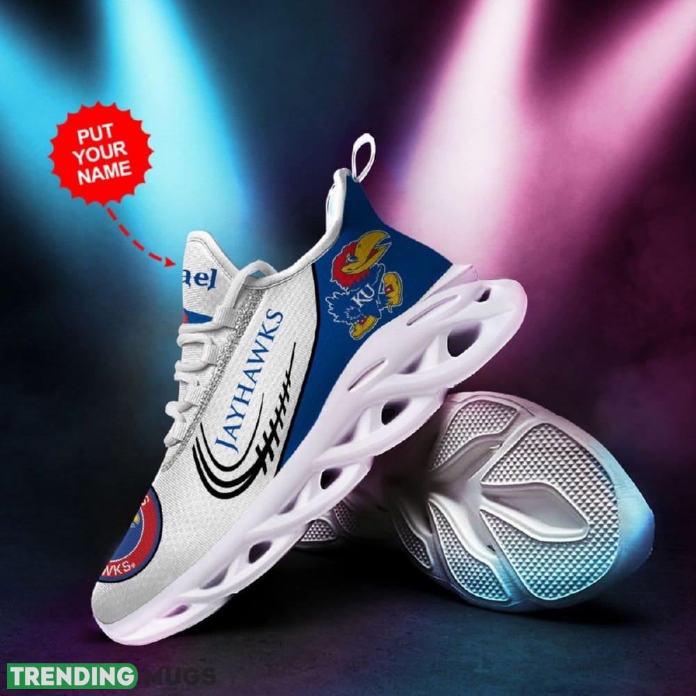 Kansas Jayhawks Logo Pattern In Blue And White Custom Name 3D Max Soul Sneaker Shoes Max Soul Kansas Jayhawks Logo Pattern In Blue And White Custom Name 3D Max Soul Sneaker Shoes Max Soul