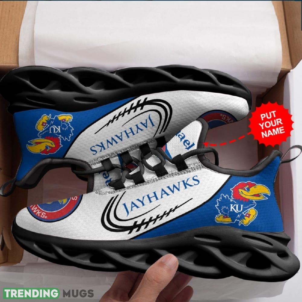 Kansas Jayhawks Logo Pattern In Blue And White Custom Name 3D Max Soul Sneaker Shoes Max Soul Kansas Jayhawks Logo Pattern In Blue And White Custom Name 3D Max Soul Sneaker Shoes Max Soul