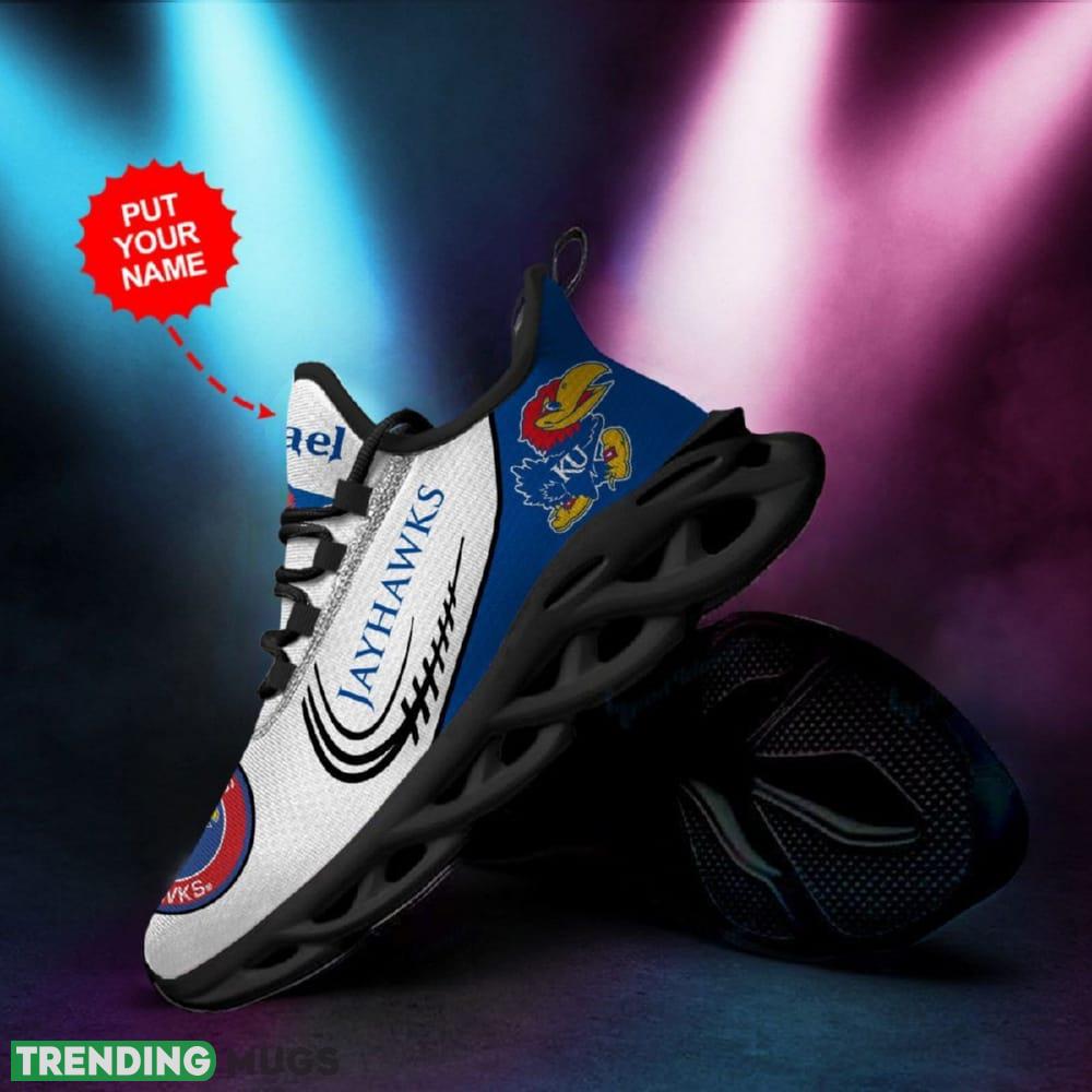 Kansas Jayhawks Logo Pattern In Blue And White Custom Name 3D Max Soul Sneaker Shoes Max Soul Kansas Jayhawks Logo Pattern In Blue And White Custom Name 3D Max Soul Sneaker Shoes Max Soul