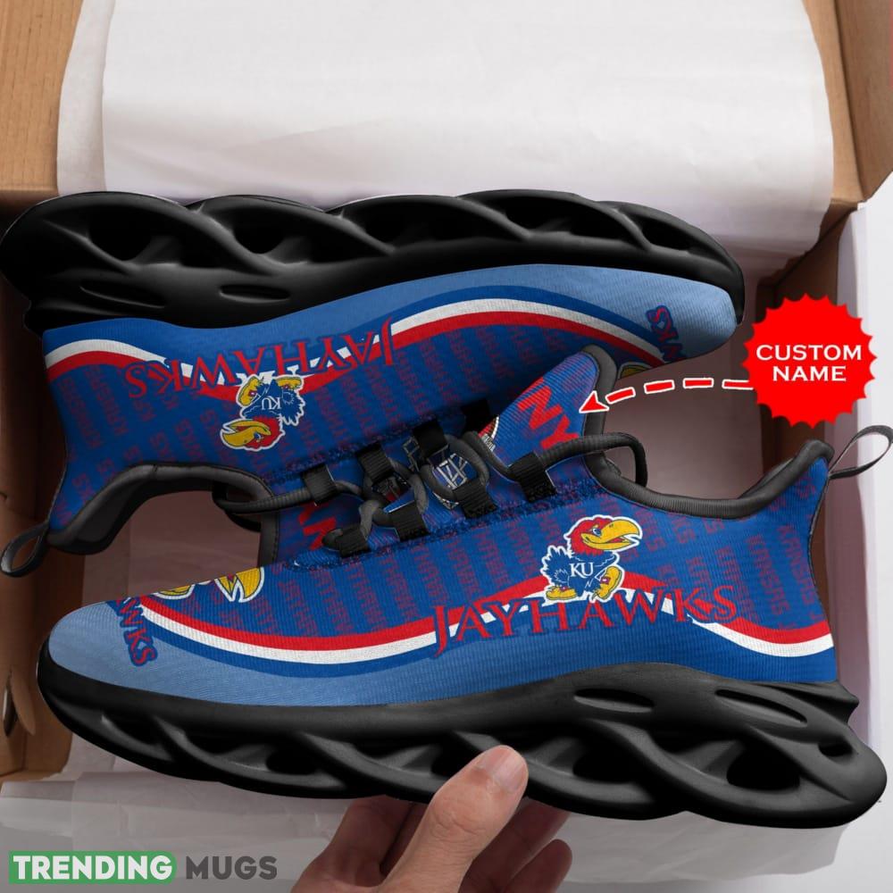 Kansas Jayhawks Logo Stripe Pattern Custom Name 3D Max Soul Sneaker Shoes In Blue Max Soul Kansas Jayhawks Logo Stripe Pattern Custom Name 3D Max Soul Sneaker Shoes In Blue Max Soul