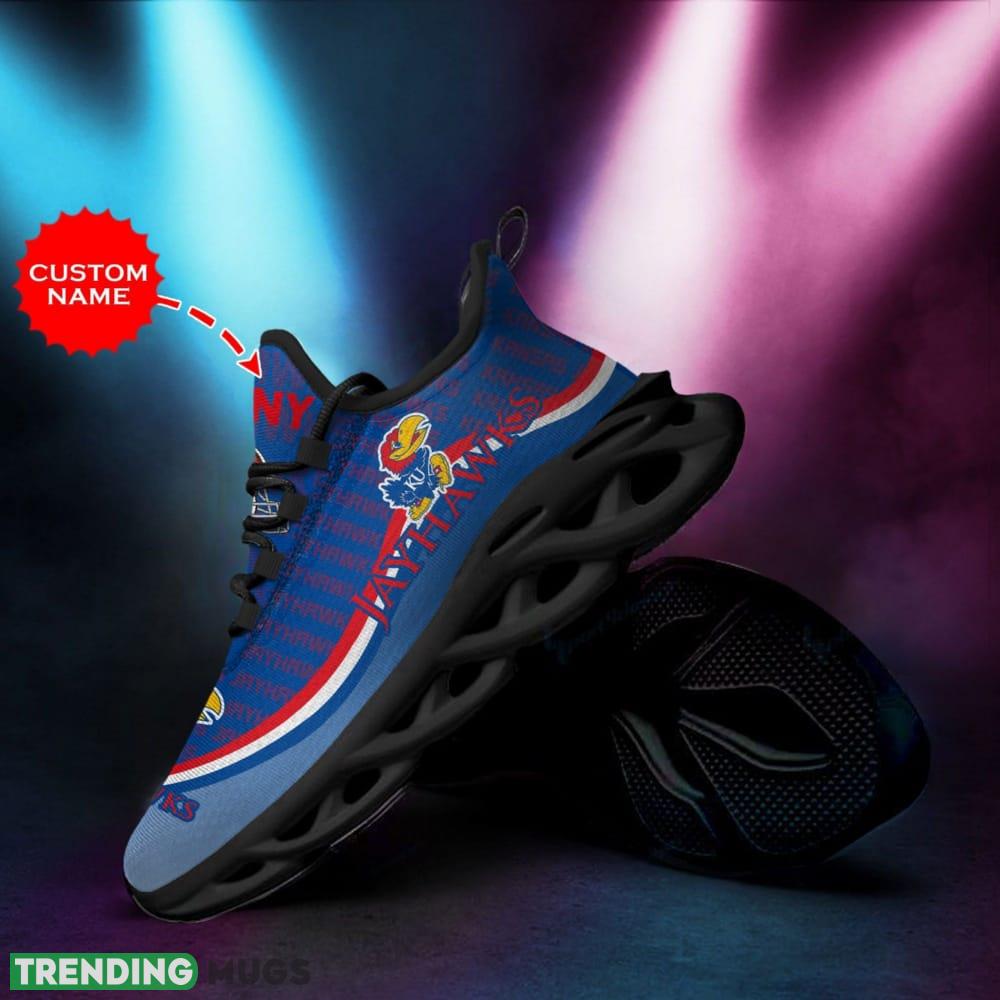 Kansas Jayhawks Logo Stripe Pattern Custom Name 3D Max Soul Sneaker Shoes In Blue Max Soul Kansas Jayhawks Logo Stripe Pattern Custom Name 3D Max Soul Sneaker Shoes In Blue Max Soul