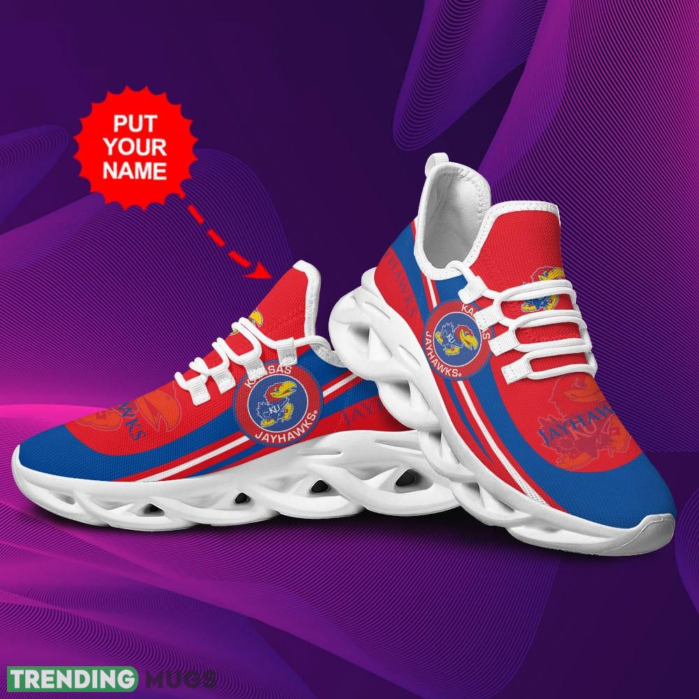 Kansas Jayhawks Logo Stripe Pattern Custom Name 3D Max Soul Sneaker Shoes In Blue And Red Max Soul Kansas Jayhawks Logo Stripe Pattern Custom Name 3D Max Soul Sneaker Shoes In Blue And Red Max Soul